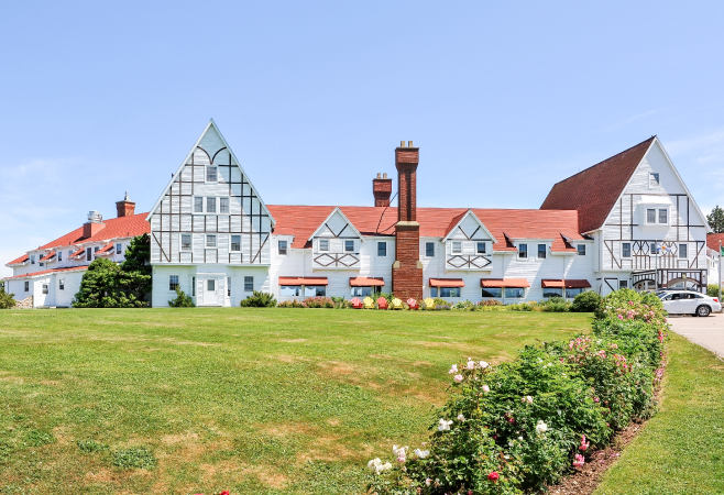 The Keltic Lodge sits on a strip of land that juts out into the water on a high bluff