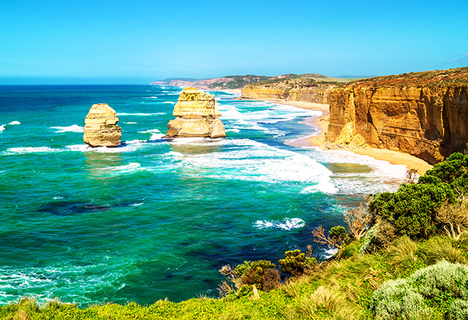 Famous attractions along the Great Ocean Road including Twelve Apostles Loch Ard Gorge and Otway National Park